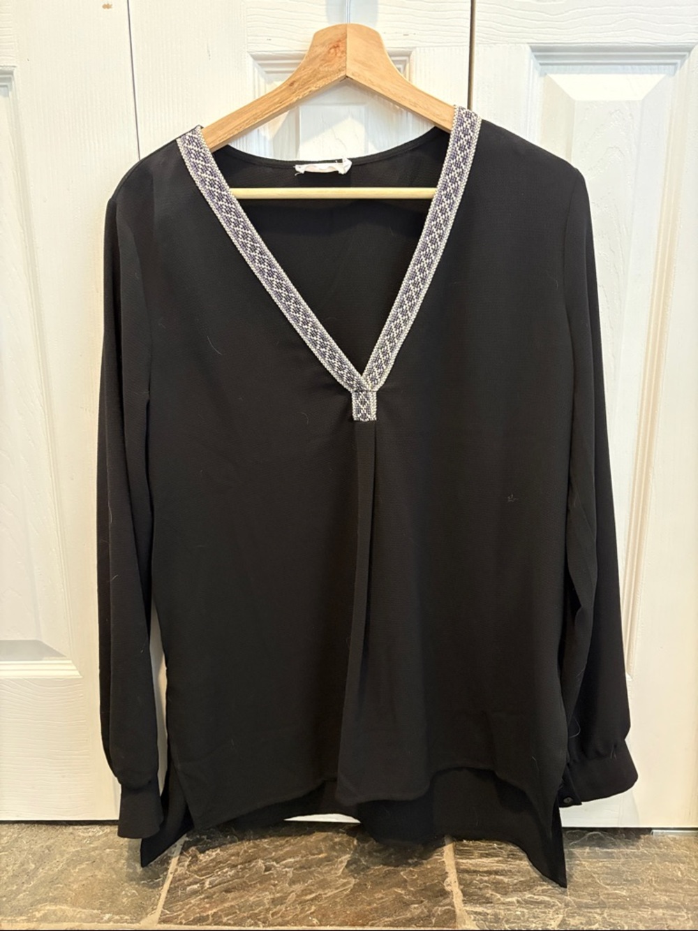 Lush Black V-Neck Long Sleeve Blouse with Silver Embroidered Trim